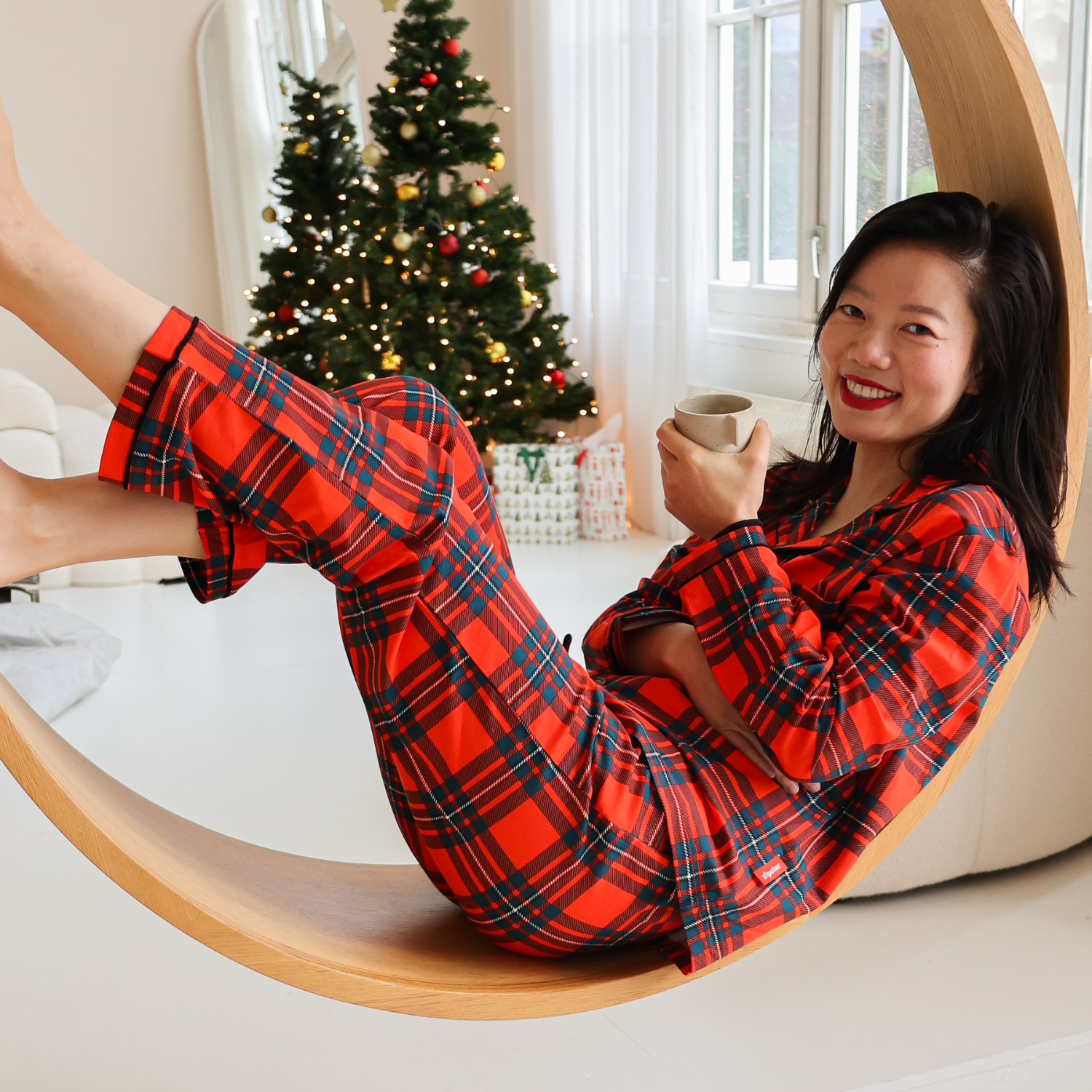 Dames Pyjama Long Set Bamboe - Rood ruitje